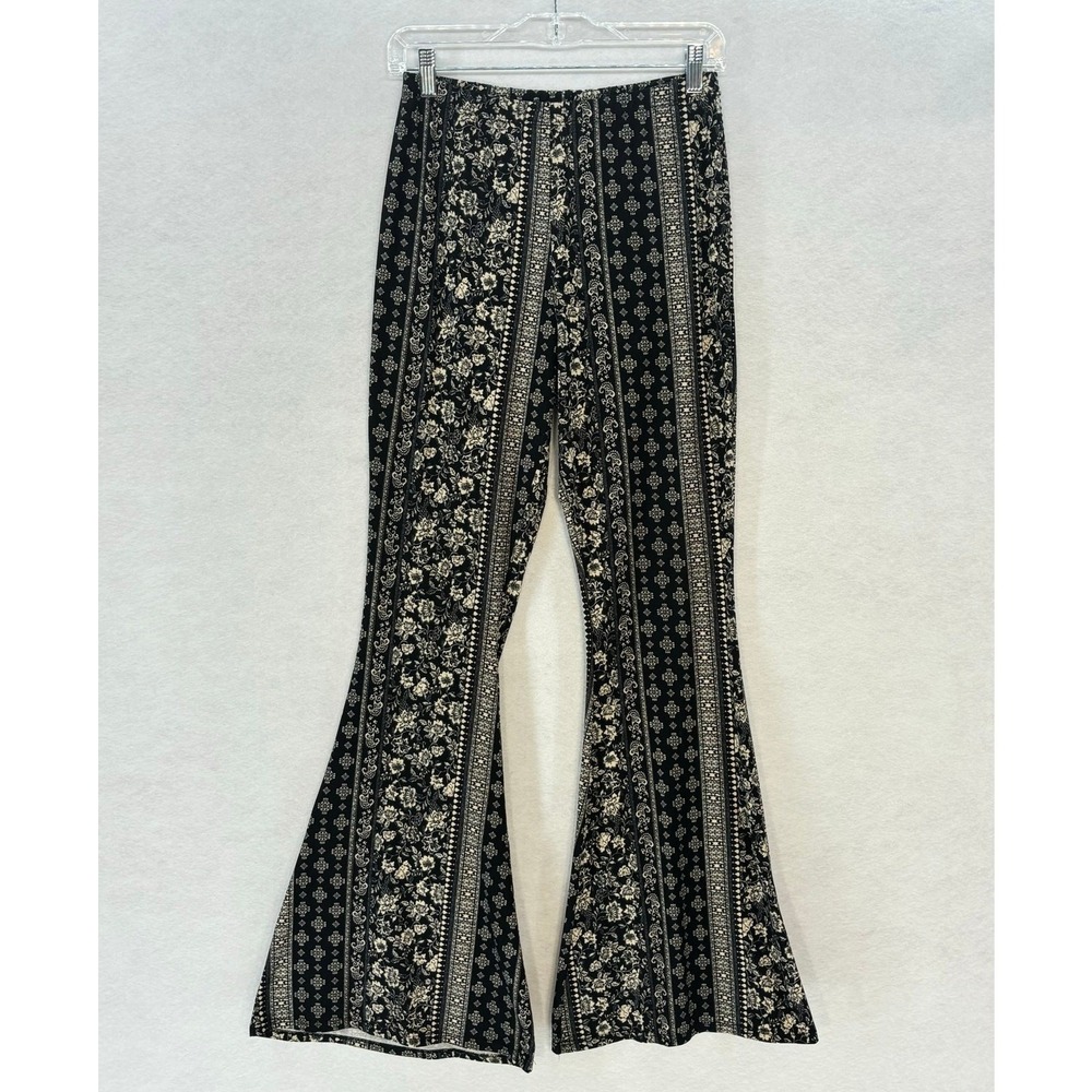 Boho Floral Stripe Flare Pants - Black/Cream